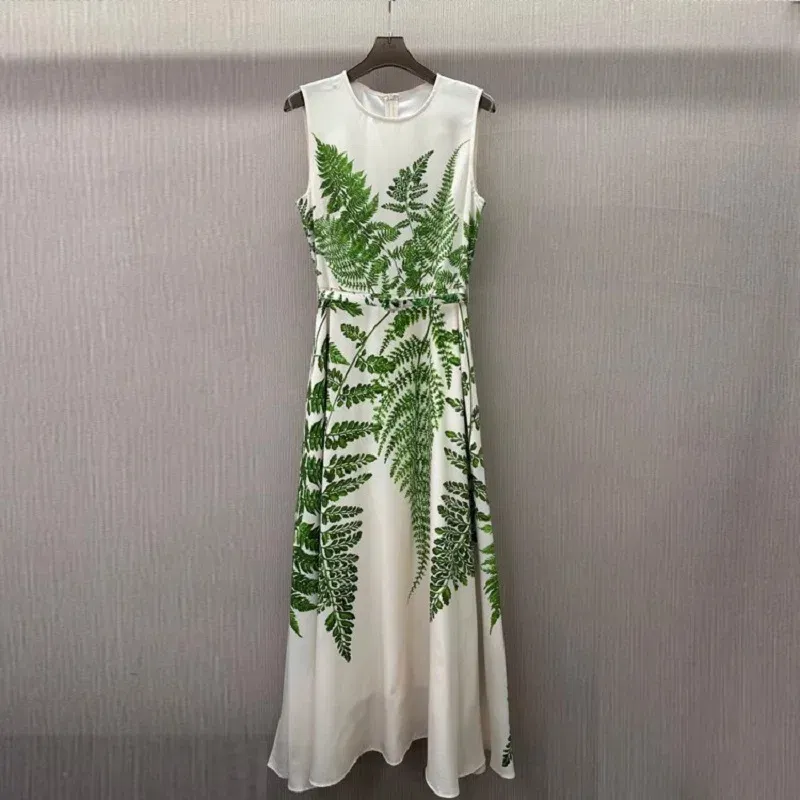 Size: L - Top Quality New 2025 Summer Long Dress Women Green Leaves Prints Pocket Belt Patchwork Sleeveless Long Party Maxi Dress Beach