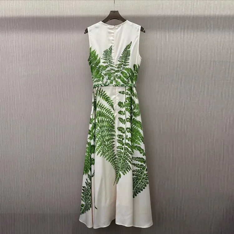 Size: L - Top Quality New 2025 Summer Long Dress Women Green Leaves Prints Pocket Belt Patchwork Sleeveless Long Party Maxi Dress Beach