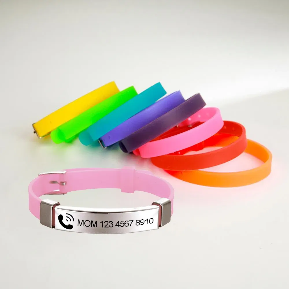 Metal Color: Gold-color, Length: 17cm - Personalized ID Bracelet Kids Children Adjustable Soft Silicone Stainless Steel Pendant Emergency Name Phone Custom Bracelets
