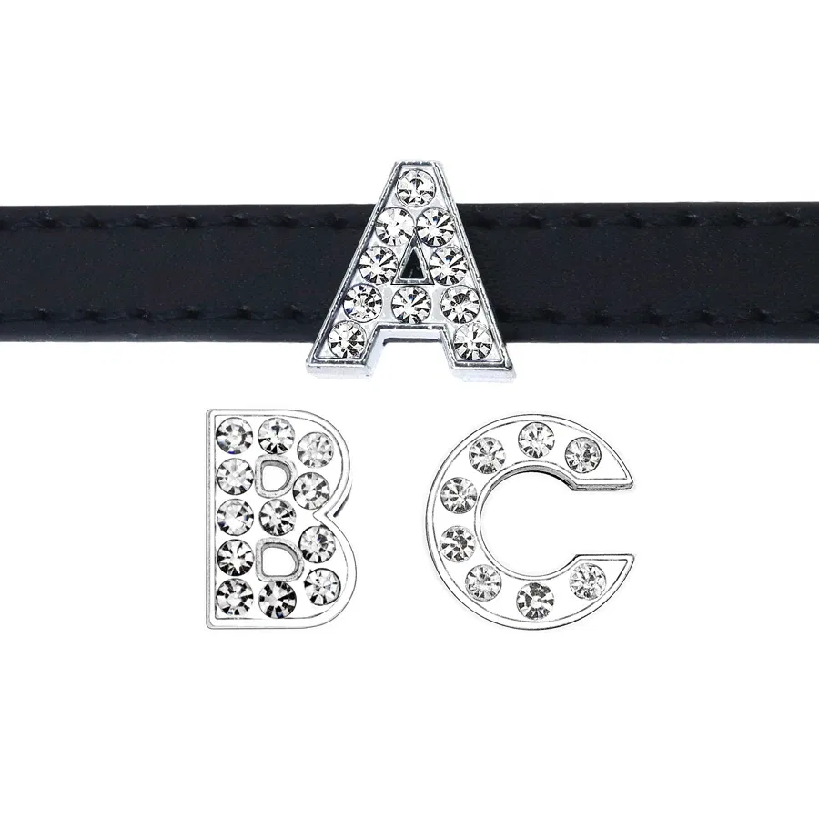 Color: Silver - Rhinestone Slide Letter Charms For Jewelry Making Women Bracelet 8mm Alphabet A-Z Pet Collar Necklace DIY Accessories Gift