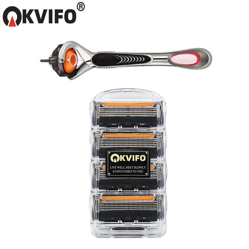 Color: Yellow - KVIFO High Quality 5-ply Razor Manual Shaving Blades Men Face Shaving Razor Replacement Cutter Heads & Razor Holders Sets