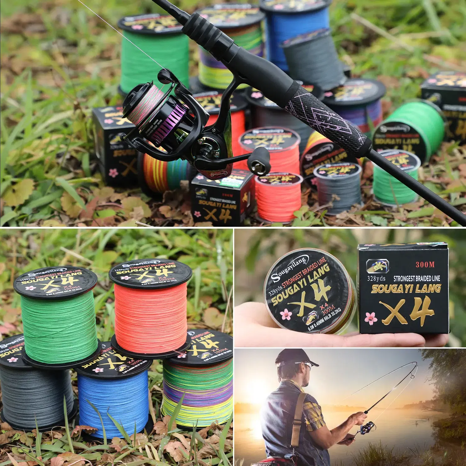 Color: green, Line Number: 1.1 - Sougayilang Braided Line 4X 100/300m 5 Color All for Fishing Line MaxDrag 66LB Multifilament PE Line for Saltwater Sea Fishing