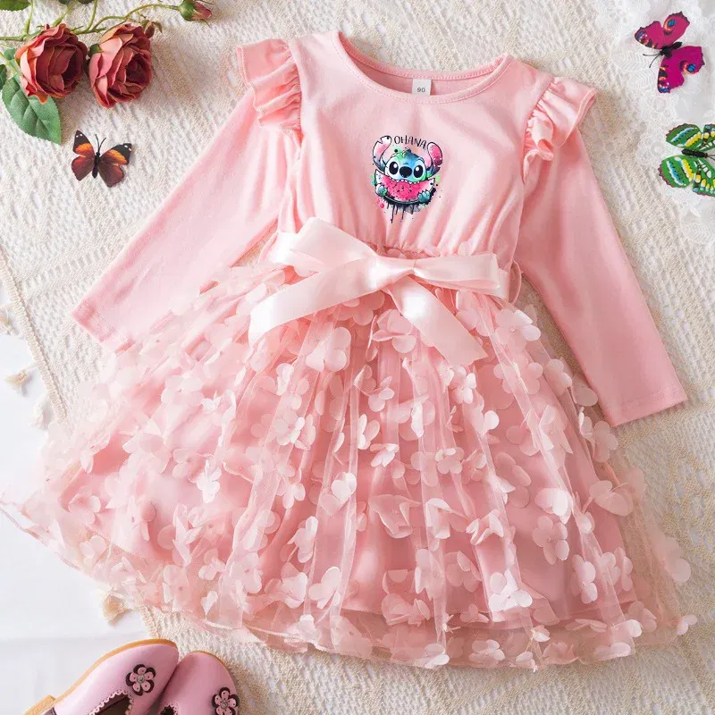 Color: PURPLE, Size: One Size, Height: 164 - Lilo Stitch Girl Baby Dresses Spring Autumn Child Long Sleeve Sweet Princess Dress Mesh Newborn Casual Dress Birthday Party 2-6Y