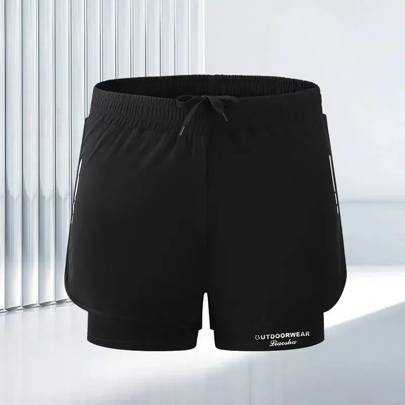 Size: 4XL, Color: Black - Summer High Quality Sports Double-layer Breathable Men's Running Fitness Belt Lined With Non-slip Loose Swimming Trunks