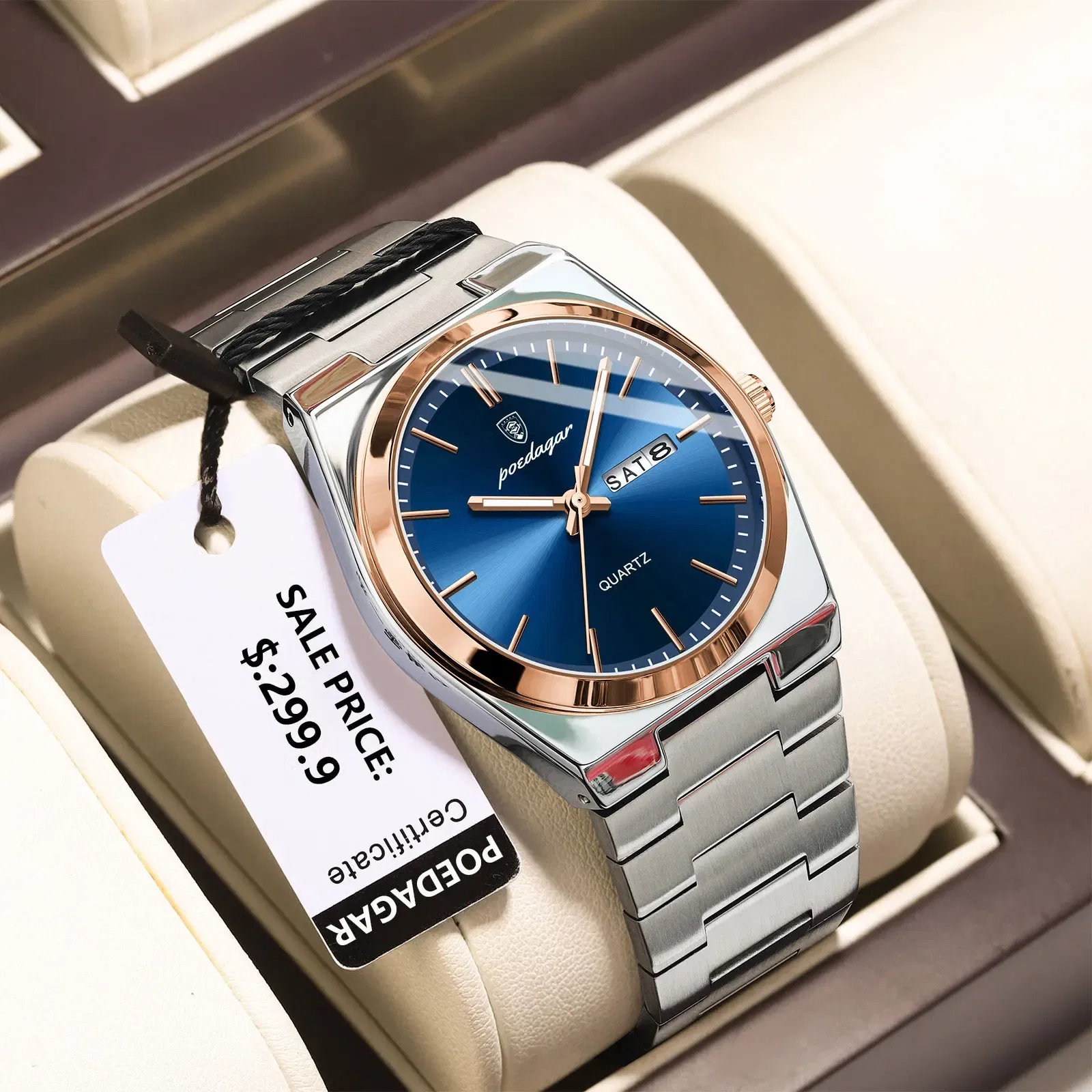 Color: Pink - POEDAGAR Luxury Watch For Man Waterproof Luminous Date Week Stainless Steel Men Watch Casual Quartz Men's Watches Male Clock+box