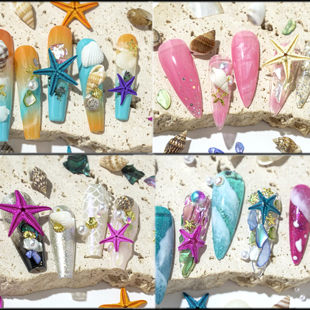 Color: WHITE - 2Box Summer Nail Art Rhinestones Ocean Charms Shell Starfish Conch Nail Studs Jewelry Sea Series Designs DIY Manicure Decoration