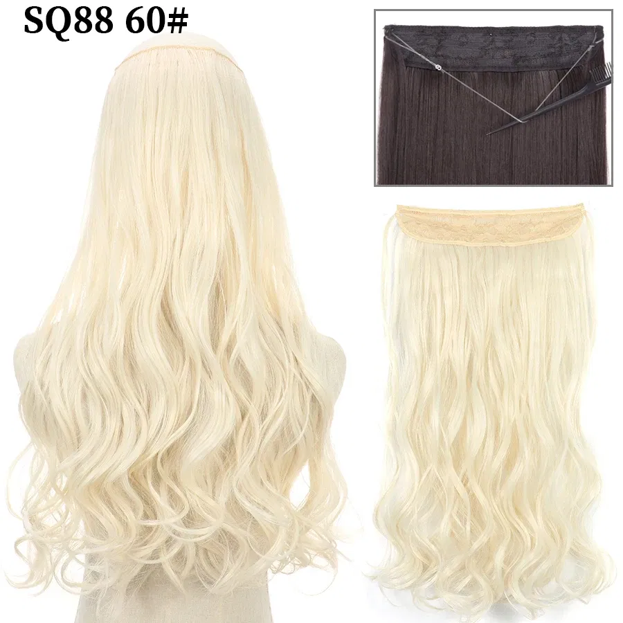 Color: T1/35, Stretched Length: 32inches, Ships From: CHINA - Synthetic Natural Wavy No Clip Fish Line Invisible Hair Extensions Mixed Color Blonde Black Artificial False Hair Piece ForWomen