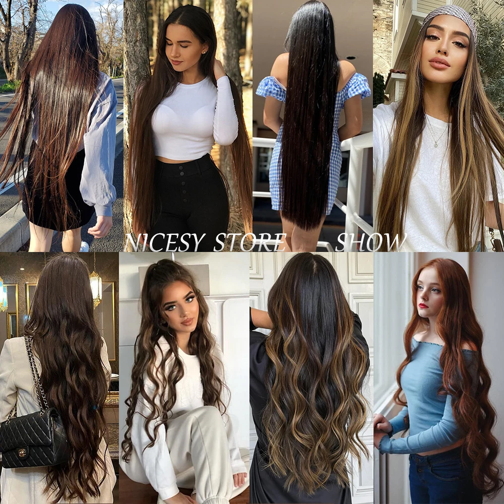 Color: T1/35, Stretched Length: 32inches, Ships From: CHINA - Synthetic Natural Wavy No Clip Fish Line Invisible Hair Extensions Mixed Color Blonde Black Artificial False Hair Piece ForWomen