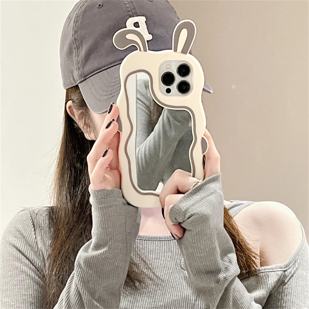 Color: Beige, Material: aluminum - Cute Bunny Ears Mirror Phone Case For iPhone 15 14 Plus 13 12 11 Pro Max Shockproof Silicone Case