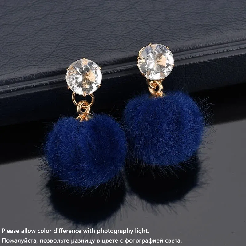 Metal Color: black chrome - New Artificial Hair Dangle Earrings for Women Crystal Top Short Small Fluffy Ball Earrings Boho Fashion Jewelry brincos bijoux