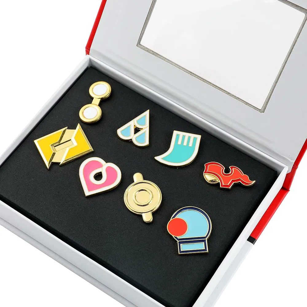 Metal color: Pure Gold Color - Pokemon Gym Badges Kanto Johto Hoenn Sinnoh Unova Kalos League Region Orange Islands Pins Brooches Box Set Pocket Monster