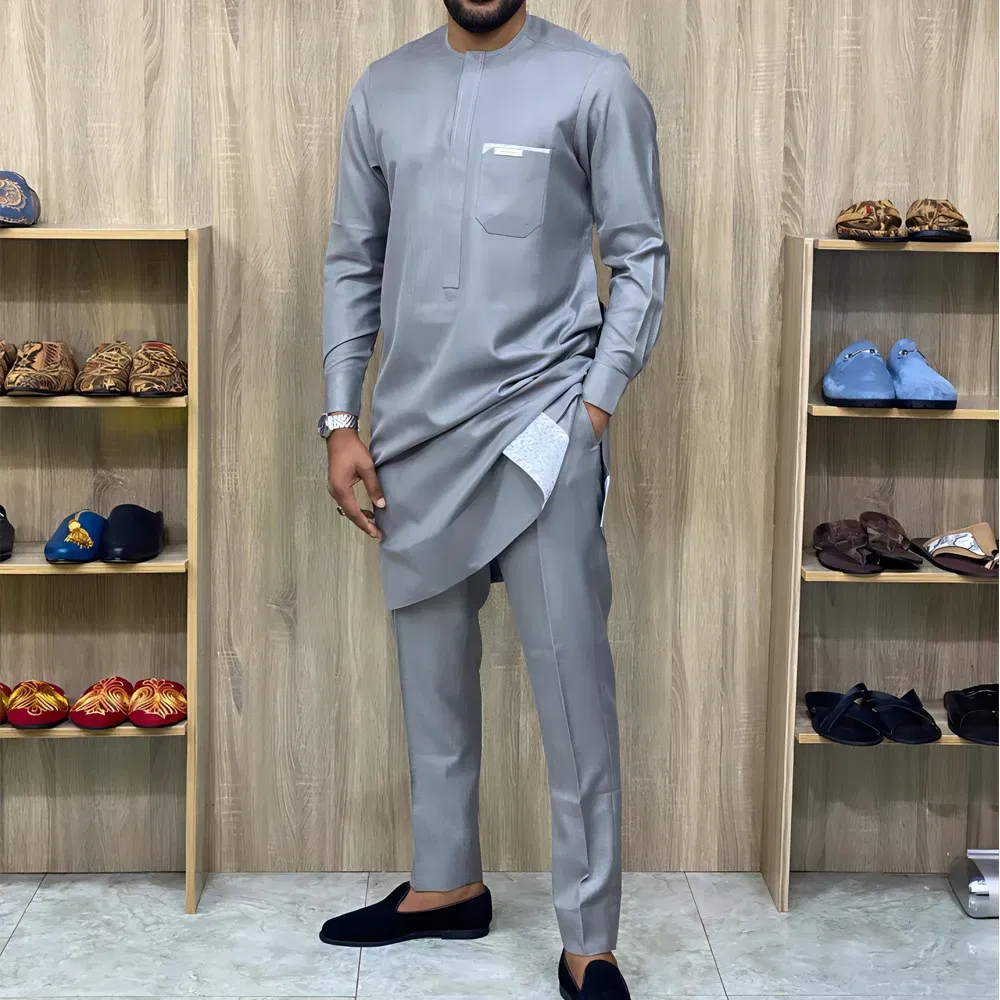 Color: Silver, Size: 4XL - New Men's Tenos Wedding 2-Piece Suit Waist Pants Shirt Solid Color Panel Long Sleeve Party African Ethnic Style Clothing (M-4XL)