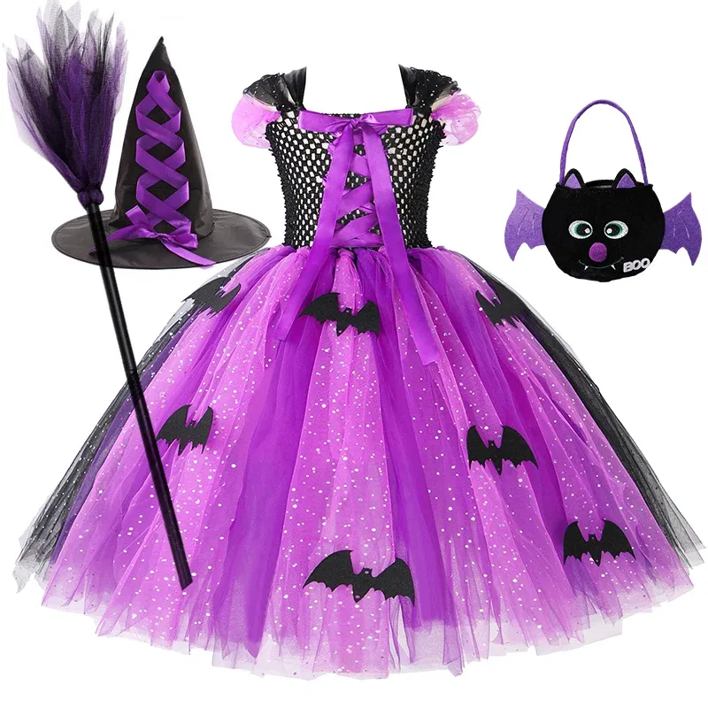 Color: black, Kid Size: 11 - Halloween Witch Tutu Dress for Girls Handmade Mesh Bat Wizard Cosplay Costumes with Hat Broom Toddler Evil Party Clothes Set