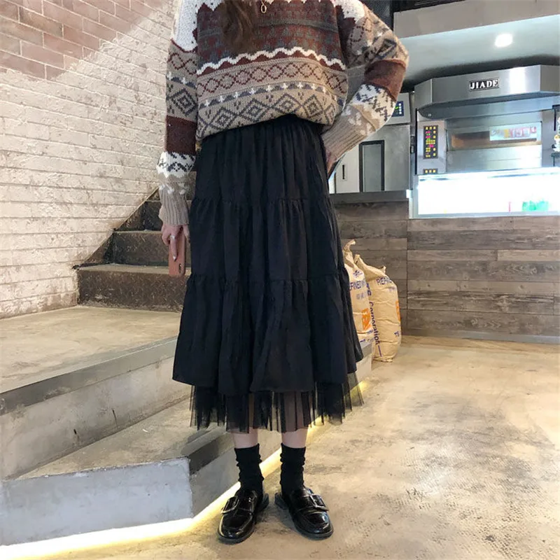 Color: black, Size: L - Long Tulle Midi Skirts Womens Autumn Elastic High Waist Mesh Tutu Pleated Skirts Female Black White Long Skirt Streetwear