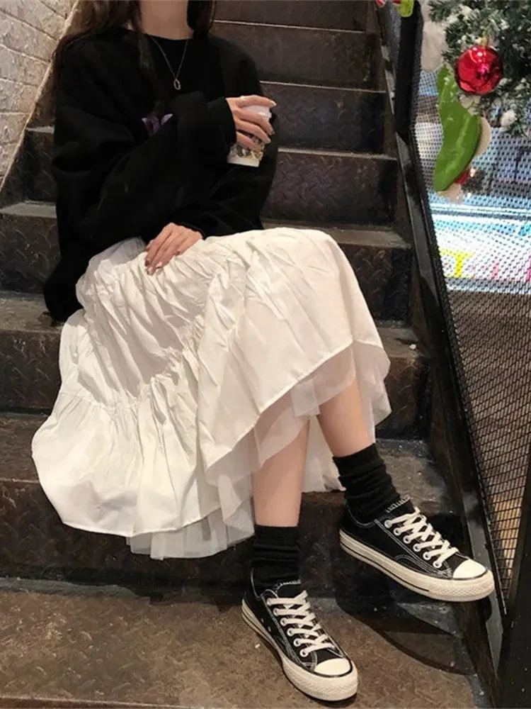 Color: black, Size: L - Long Tulle Midi Skirts Womens Autumn Elastic High Waist Mesh Tutu Pleated Skirts Female Black White Long Skirt Streetwear
