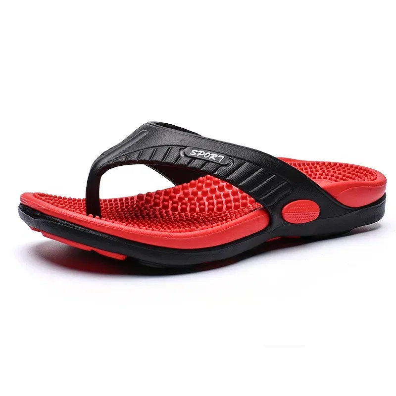 Color: Red, Shoe Size: 41 - Massage Flip Flops for Men Summer Breathable Beach Shoes Sandals Men Luxury Flip Flops Breathable Plus Big Size Men Slippers 46