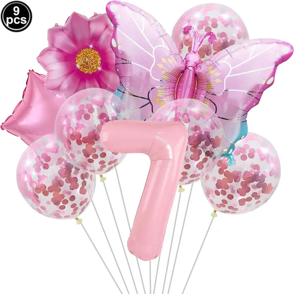 Color: light yellow - Butterfly Balloon Set 32/40inch Number Balloon Princess Garden Decoration Girl Fairy Birthday Party Balloon