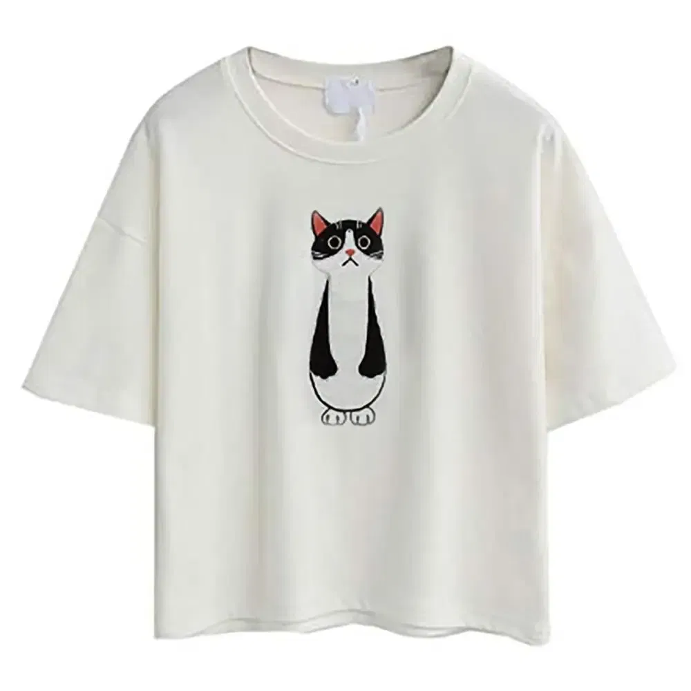 Color: black, Size: M, Ships From: CHINA - 2021 Summer Cotton Short Sleeved Crop Top T-shirt Femme Embroidered Cat T Shirts Cartoon Women Fashion Cactus Top Tee T Shirt
