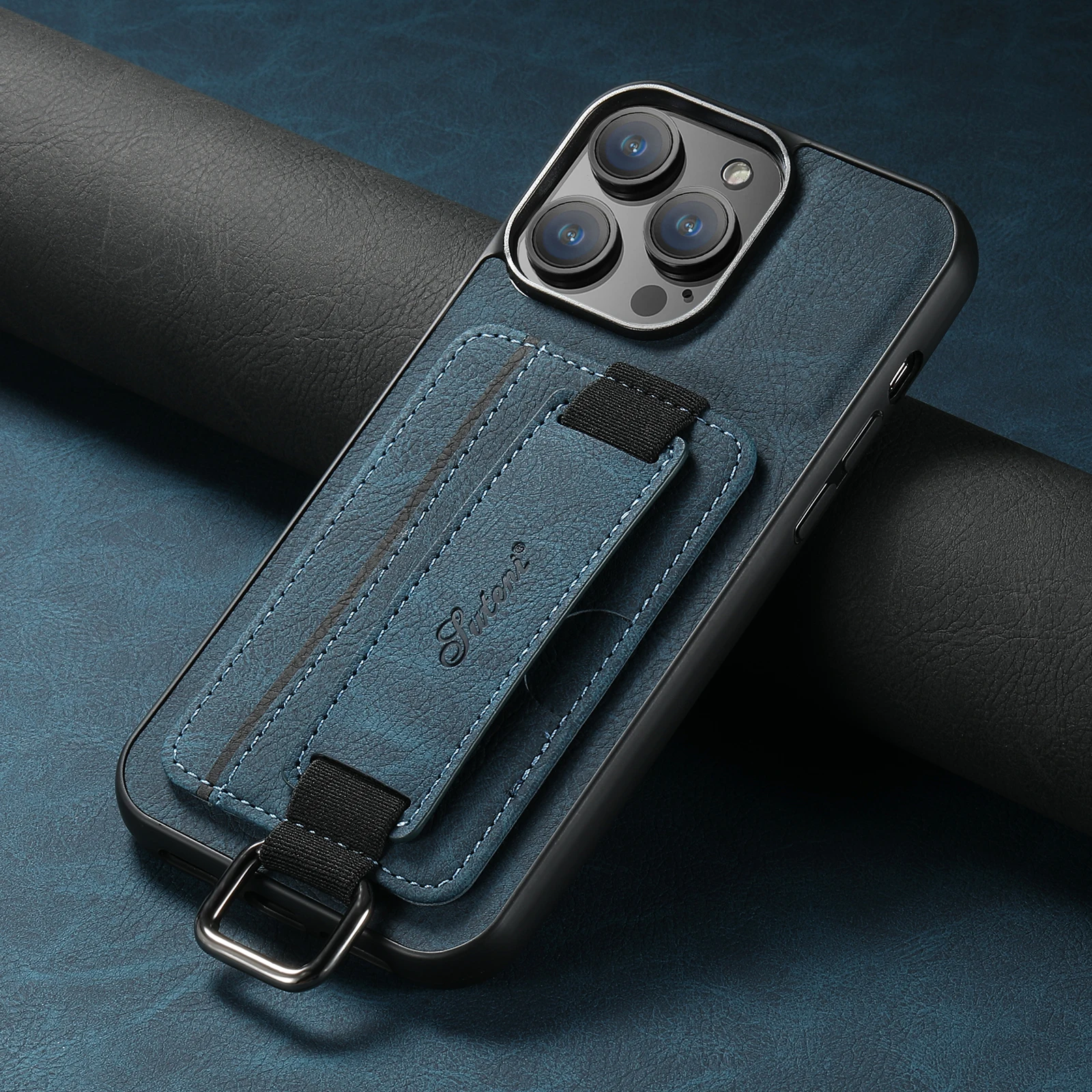 Color: Blue, Material: CANVAS - SUTENI Lychee skin print wrist strap card phone case Card holder for iPhone 16 ProMax 15 Plus 14 13 12 11 XR XS Black/blue/brown