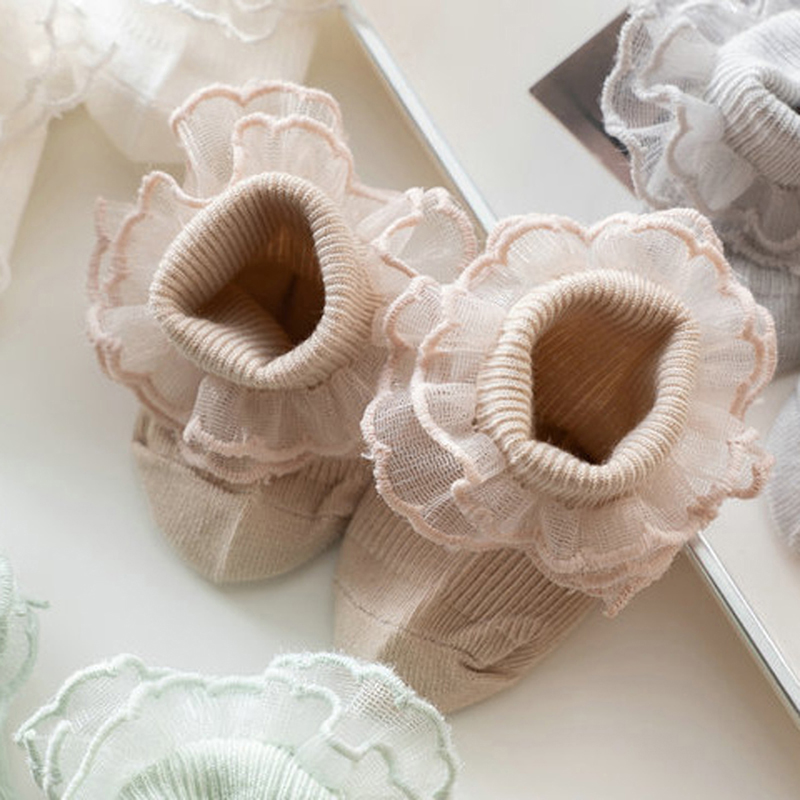 Color: Beige, Kid Size: 9M - VISgogo Baby Girls Socks Lace Ruffles Sweet Anti-Skid Princess Socks Toddler Spring Fall Cute Kids Socks