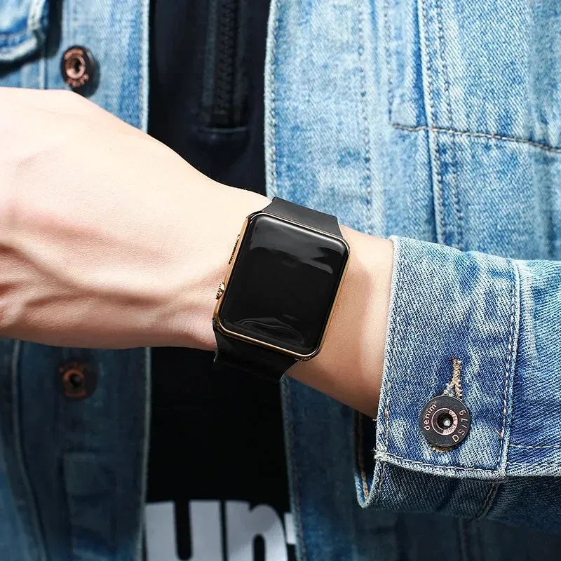 Color: Gold - Simple Digital Watch for Men Women Fashion Sport LED Electronic Watch Black Silicone Wristband Casual Mens Watch Reloj Hombre