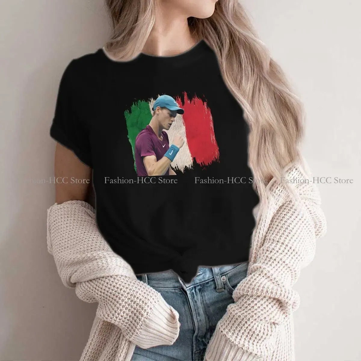 Color: black, Size: L - Tennis Polyester TShirt for Women Jannik Sinner Basic Casual Tee T Shirt High Quality New Design