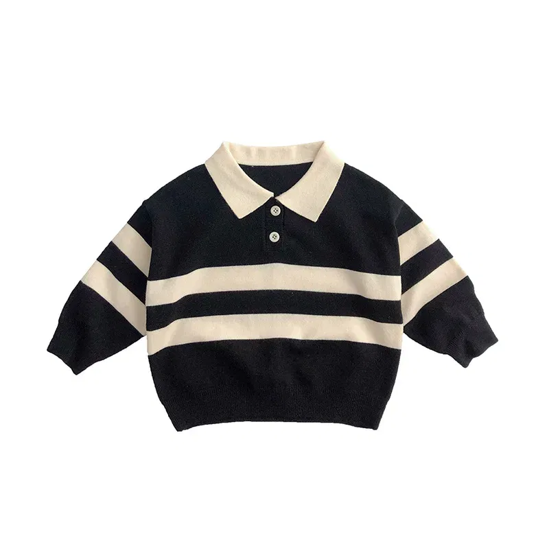 Color: black, Kid Size: 5 - 2025 Autumn New Children Long Sleeve Striped Sweater Cotton Boys Knitted Shirts Cute Baby Casual Knit Sweater Kids Clothes
