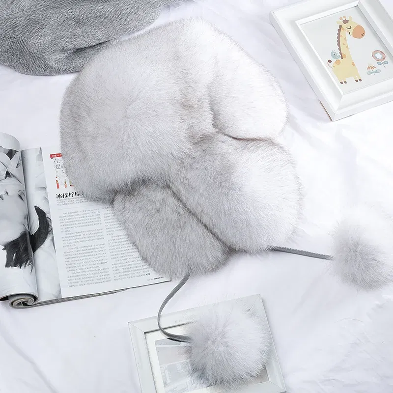 Color: Pink, Hat Size: 57 - 2025 Winter 100% Real Silver Fox Fur Bomber Hat Raccoon Fur Ushanka Cap Trapper Russian Men's Ski Hats Caps