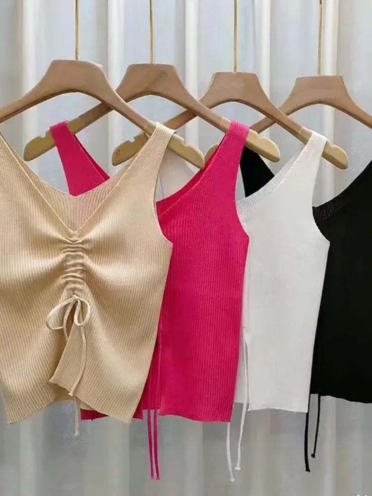 Color: black, Size: One Size - New Summer Women Drawstring Front Ribbed Knit Tops Femme Sexy V Neck Sleeveless Crop Top Clothes High Stretch Split Cropped Tank