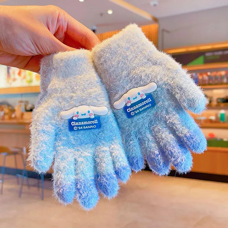 Color: CORAL RED - Sanrio Gloves Kawaii My Melody Kuromi Cold-Proof Winter Finger Gloves Plush Screen Touch Warm Children Toddler Christmas Gifts