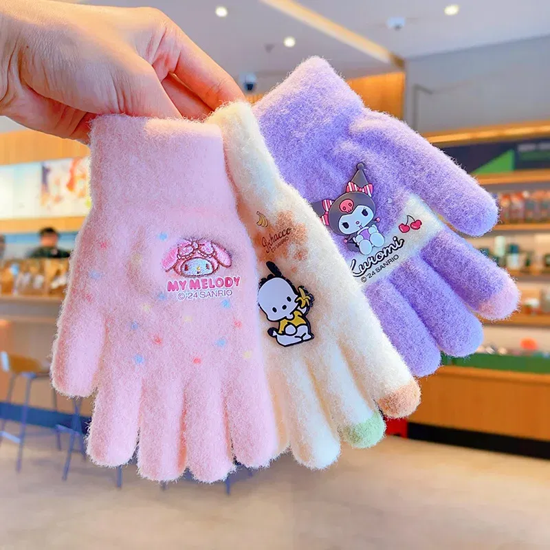 Color: CORAL RED - Sanrio Gloves Kawaii My Melody Kuromi Cold-Proof Winter Finger Gloves Plush Screen Touch Warm Children Toddler Christmas Gifts