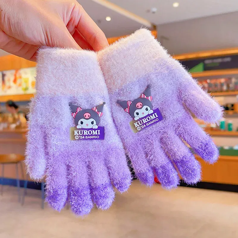 Color: CORAL RED - Sanrio Gloves Kawaii My Melody Kuromi Cold-Proof Winter Finger Gloves Plush Screen Touch Warm Children Toddler Christmas Gifts