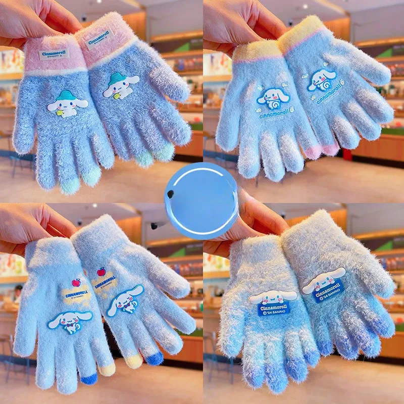 Color: CORAL RED - Sanrio Gloves Kawaii My Melody Kuromi Cold-Proof Winter Finger Gloves Plush Screen Touch Warm Children Toddler Christmas Gifts