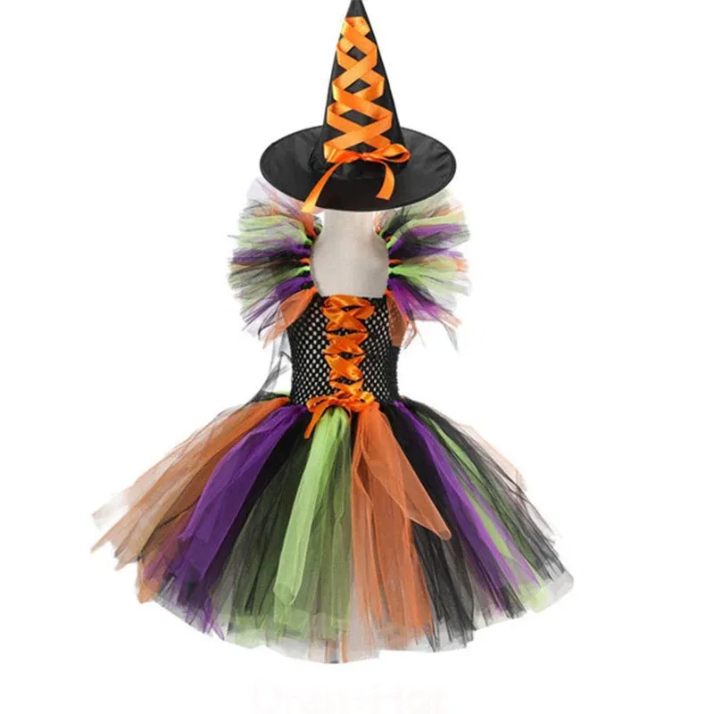 Color: Silver, Kid Size: 9 - Halloween Witch Tutu Dress for Girls Handmade Mesh Bat Wizard Cosplay Costumes with Hat Broom Toddler Evil Party Clothes Set