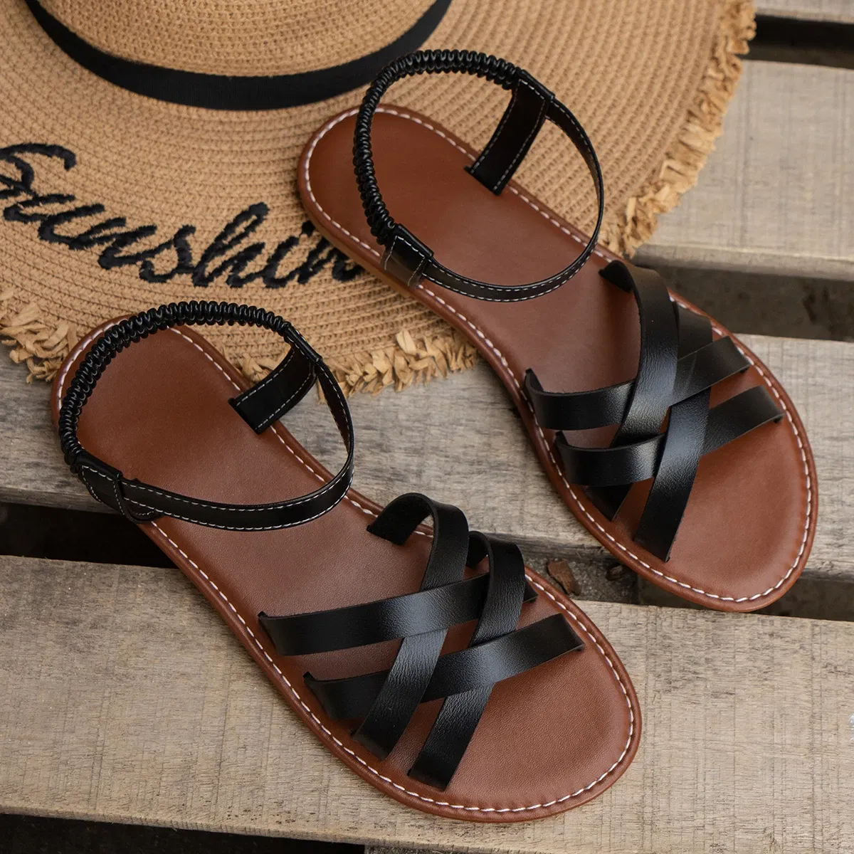 Color: Blue, Shoe Size: 41 - Shoes for Women 2024 Summer New Women Flat Sandals Bottom Roman Strap Sandals with Non Slip Rubber Soles Ladies Daily Sandalia