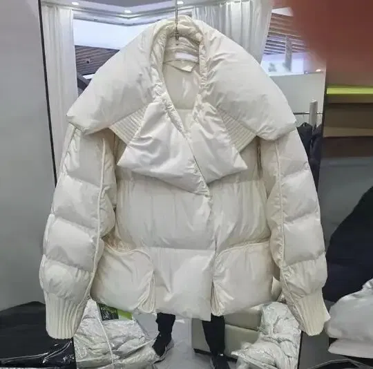 Color: green, Size: S - Overcoat 2025 New Fashion Women Down Jacket Winter White Duck Down High Quality Knitted Patchwork Lapel Women Down Jacket H132