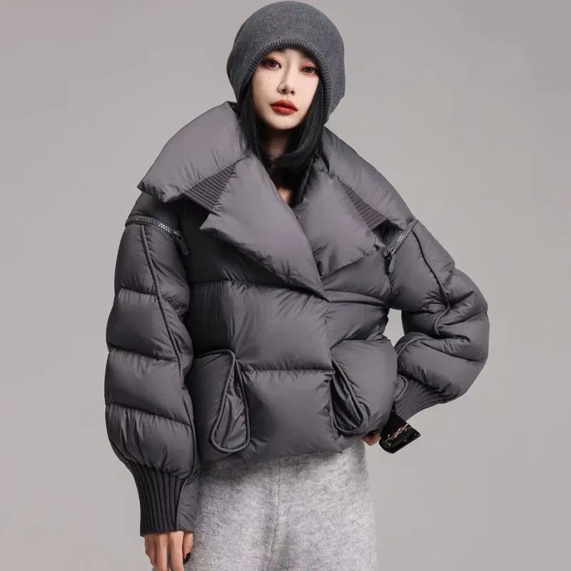Color: green, Size: S - Overcoat 2025 New Fashion Women Down Jacket Winter White Duck Down High Quality Knitted Patchwork Lapel Women Down Jacket H132