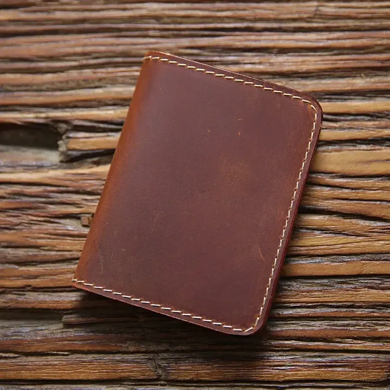 Color: Coffee - Retro Crazy Horse Leather Cards Cases Mens Cowhide Credit Card Holder Wallet Handmade Ultra-thin Slim Drivers License ID Cover