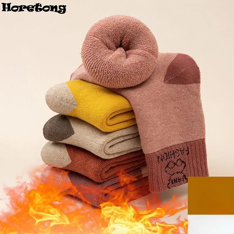 Color: Beige, Size: 17 - 5 Pairs /bag Winter Children Socks Warm Autumn And Winter Plush Thicken Toddler Boys Girls Cotton Middle Tube Sock For 2-14 Year