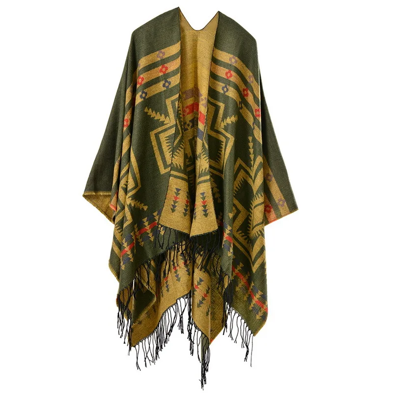 Color: Fuchsia, Size: One Size, Ships From: CHINA - European American Popular Tassel Thickened Cashmere Like National Style Travel Fork Shawl Scarf in autumn Ponchos Capes