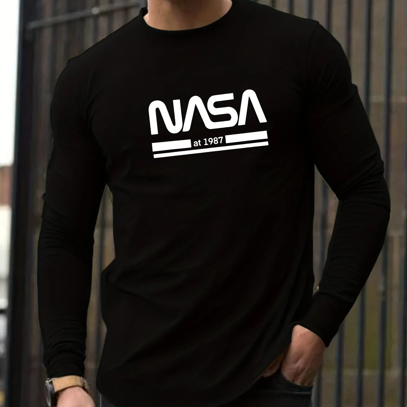 Color: Khaki, Size: S - Men's Spring and Autumn 100% Cotton Loose Comfortable Casual NASA Letter Printed Round Neck Long Sleeve T-shirt