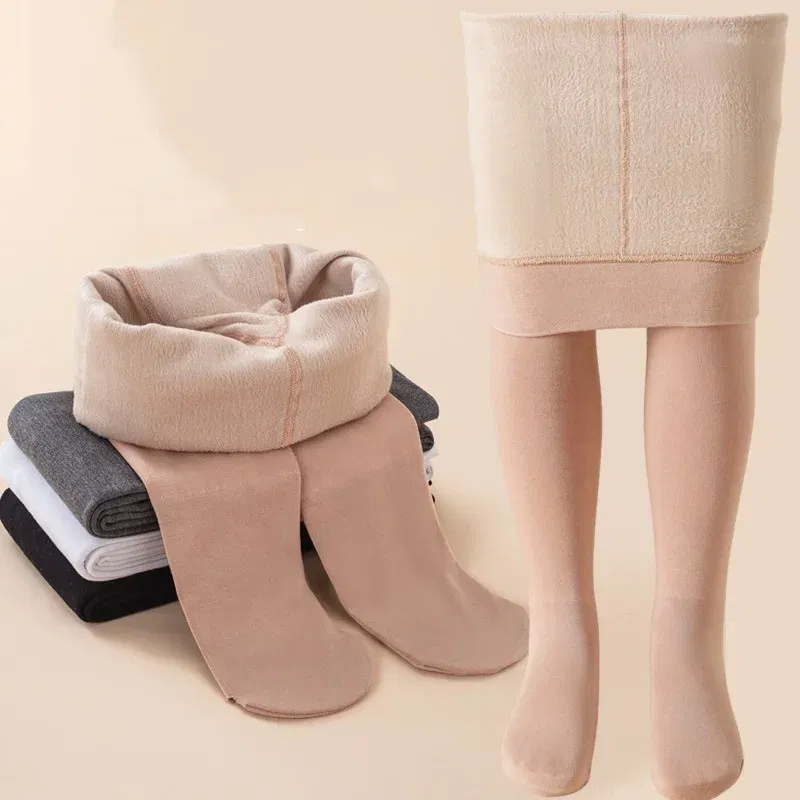 Color: WHITE, Size: S - Winter Infant Girls Plus Velvet Pantyhose Children's Leggings Thickening Children's Babys Skinny Pants Winter Clothes