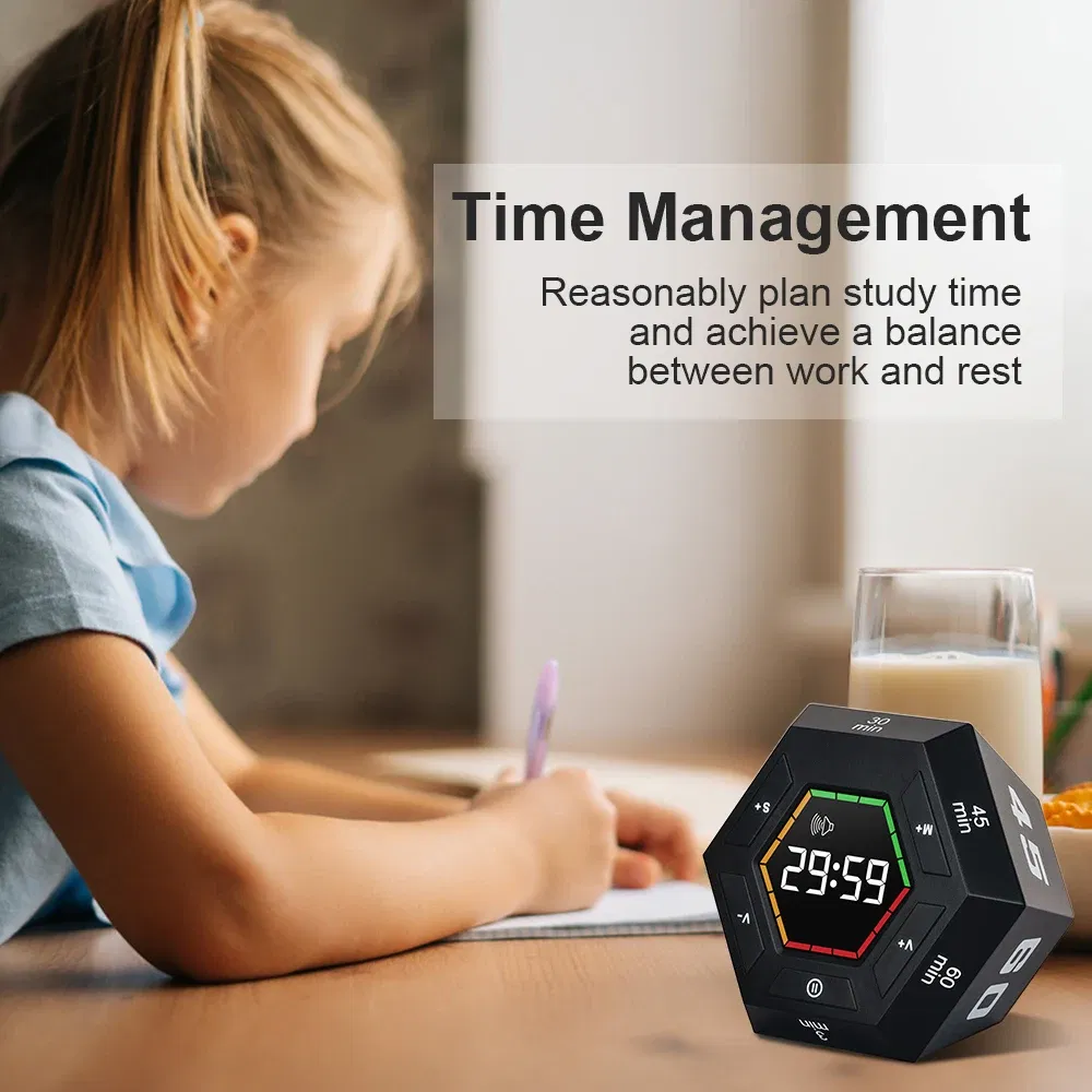 Color: GRAY - Hexagon Visual Flip Timer for kids Digital Study Pomodoro Cooking Timers Silent timing Magnetic Smart Productivity Kitchen Time