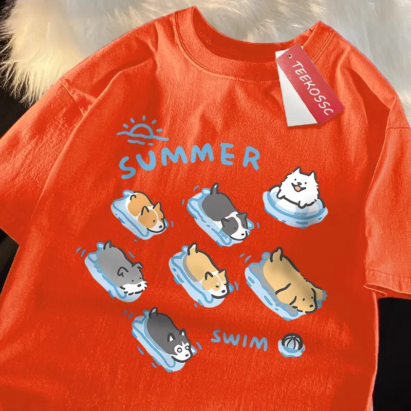 Color: GRAY, Size: XL - Fun Cat And Dog Swimming Japanese Style T-Shirt Female Casual Loose T-Shirts Summer Cotton Tops Fashion Breathable Tee Clothing