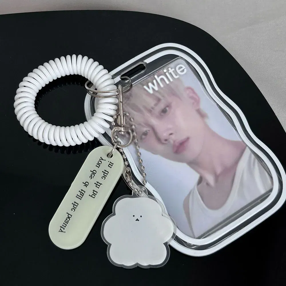 Color: black - INS Transparent Photocard Holder with Spring Keychain Idol Photo Protective Case 3 Inch Photo Card Holder Student ID Card Cover
