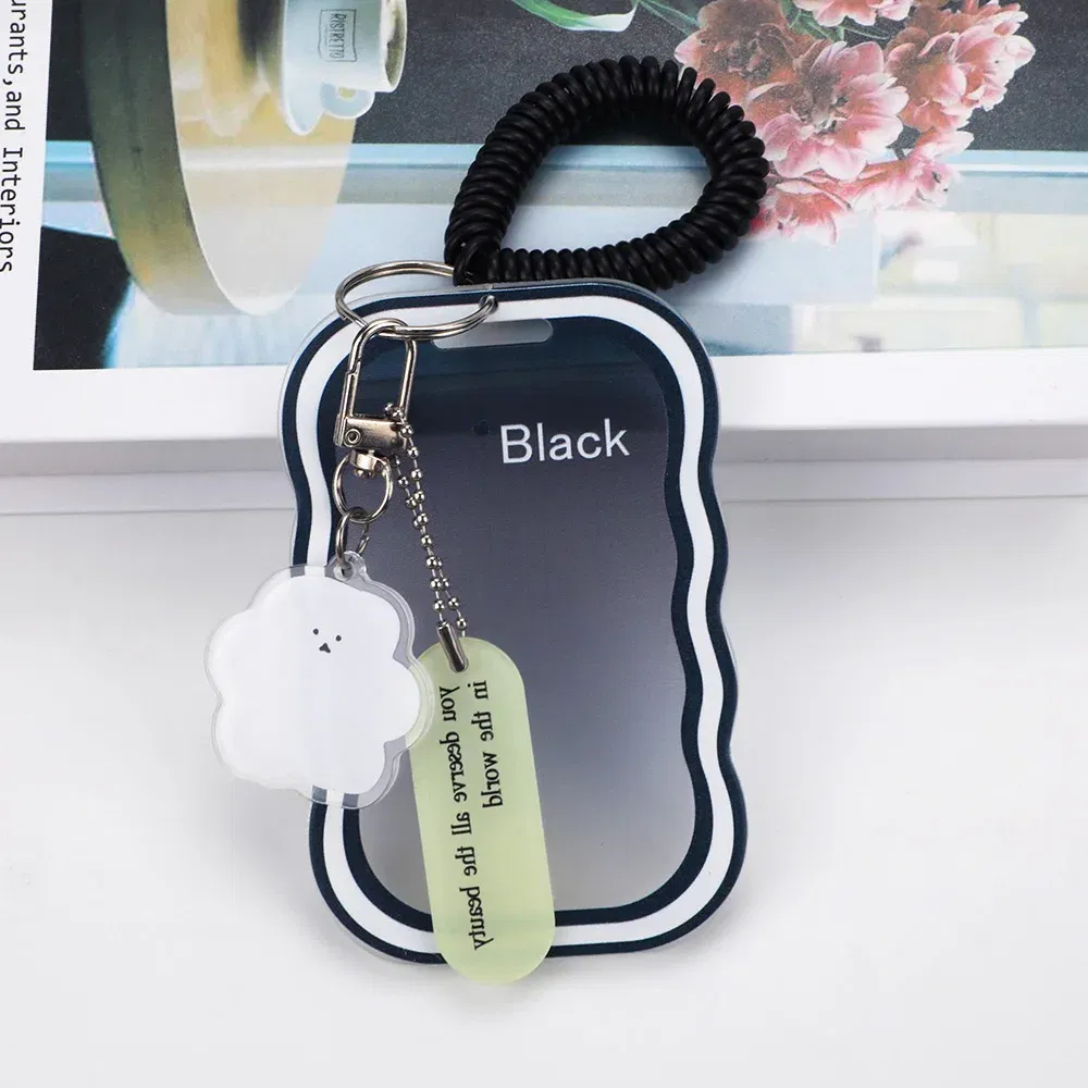 Color: black - INS Transparent Photocard Holder with Spring Keychain Idol Photo Protective Case 3 Inch Photo Card Holder Student ID Card Cover