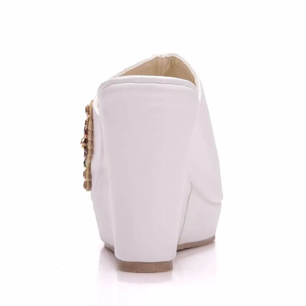 Color: Beige, Shoe Size: 36 - Crystal Queen 10cm Peep Toe Platform Wedges Slippers High Heels Beach Sandals Women