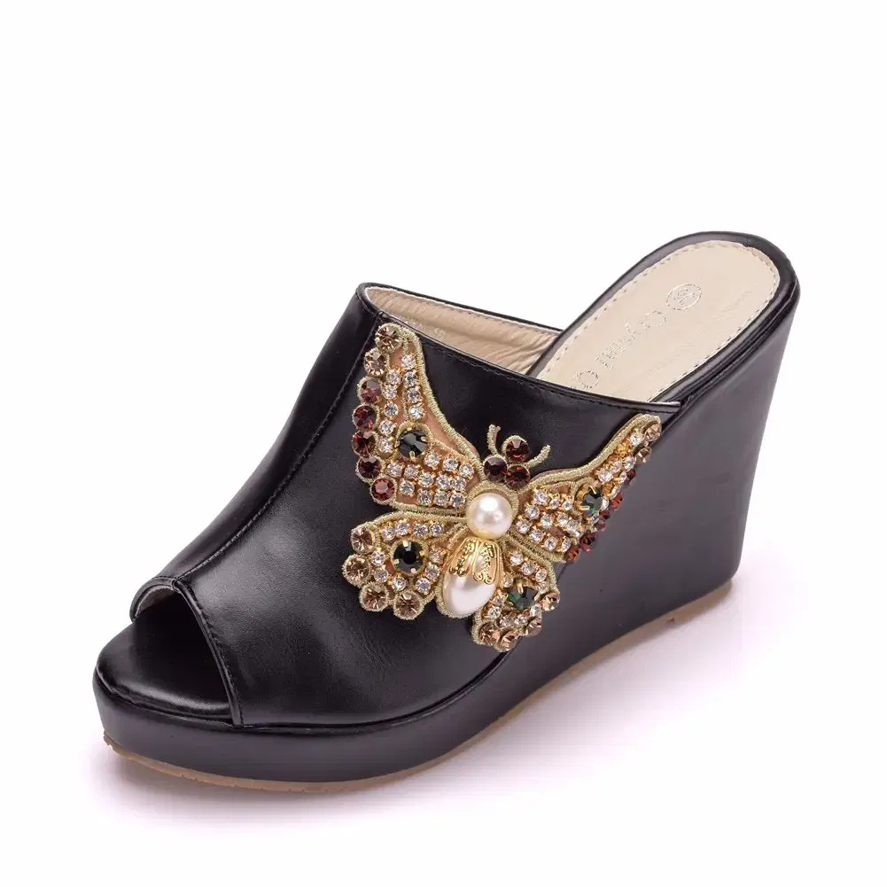 Color: Beige, Shoe Size: 36 - Crystal Queen 10cm Peep Toe Platform Wedges Slippers High Heels Beach Sandals Women