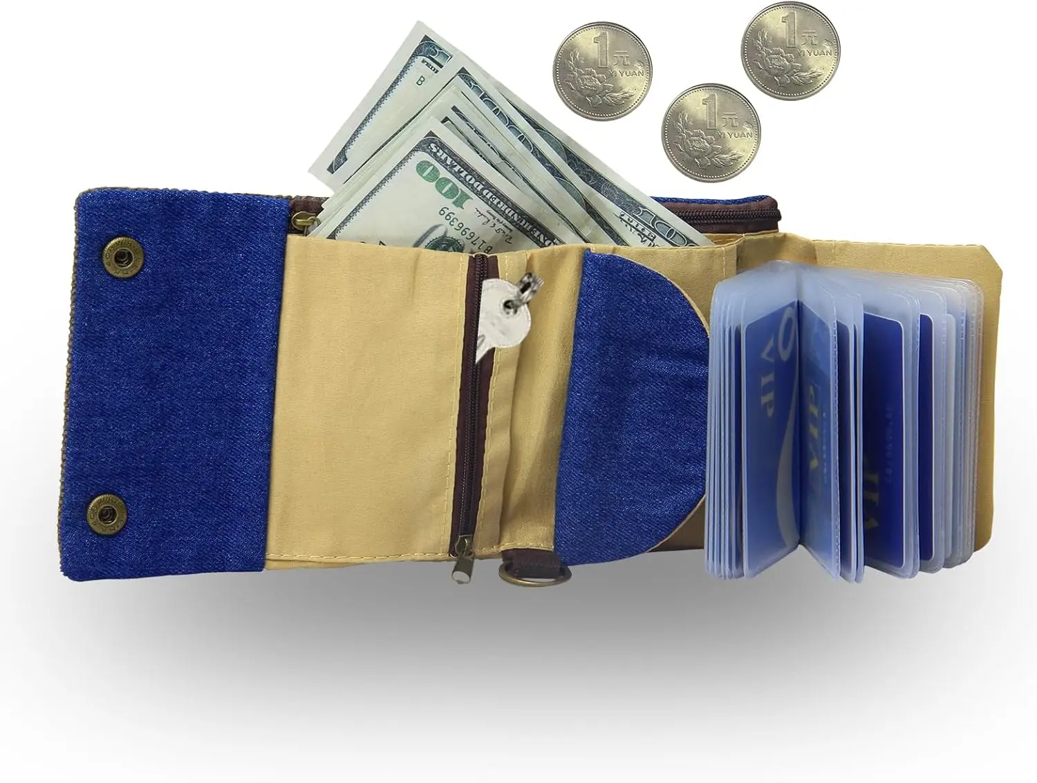 Color: Navy Blue - Handmade Three Fold Fabric Wallet Women Men Simple Short Zipper Purses for Teens Personality Multi-function Key Bag Card Holder