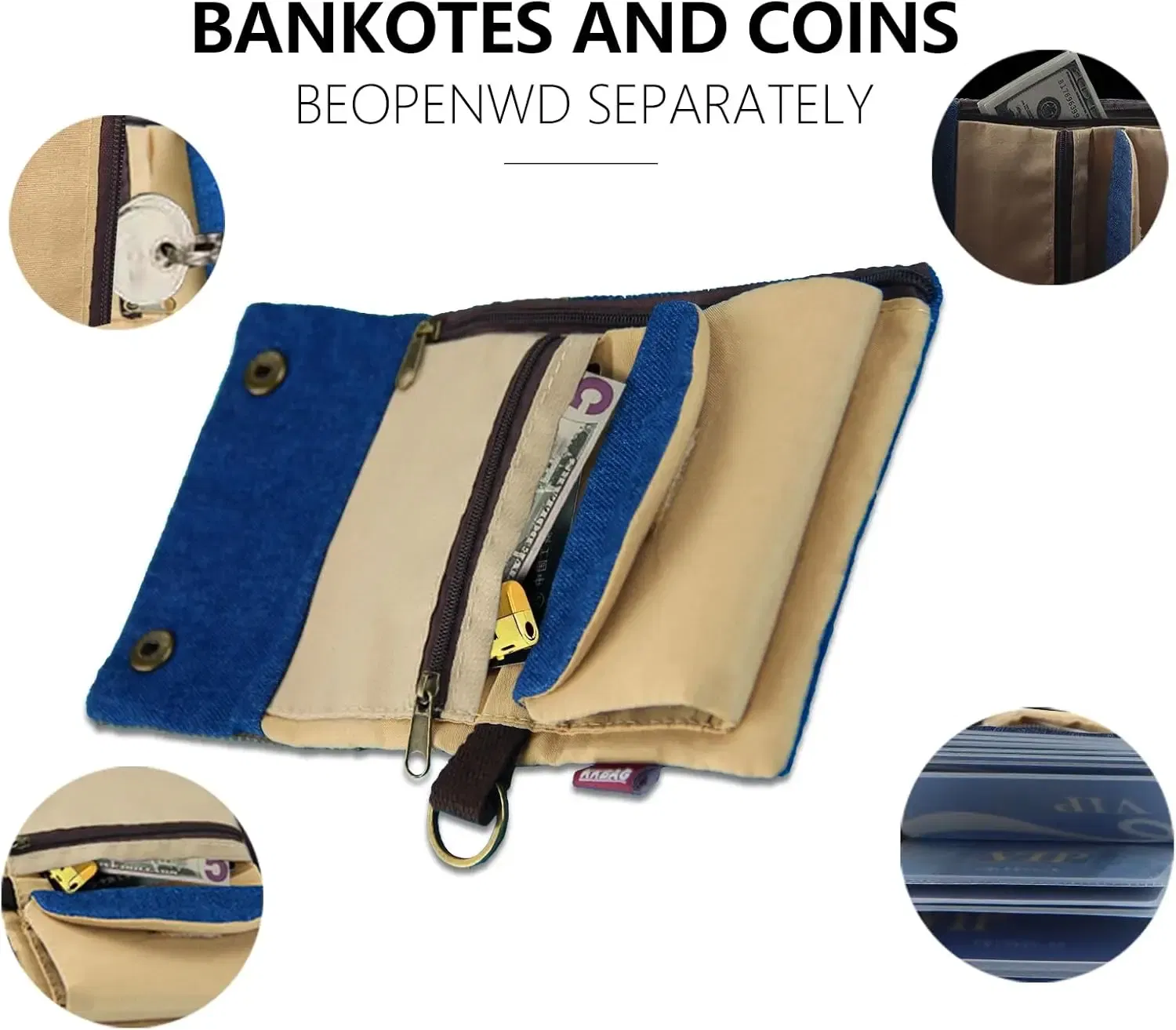 Color: Navy Blue - Handmade Three Fold Fabric Wallet Women Men Simple Short Zipper Purses for Teens Personality Multi-function Key Bag Card Holder
